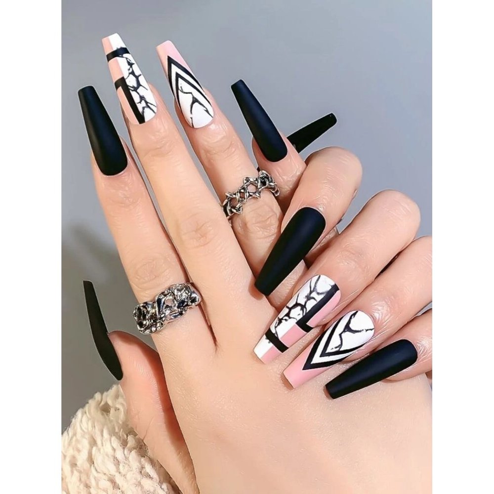 Black and Pink Marble Coffin Shaped Nails